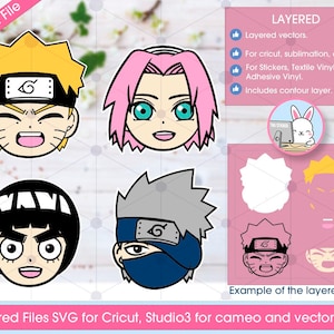 May include: Layered SVG files for Cricut, Studio3, and cameo featuring cartoon characters from the anime Naruto. The characters include Naruto, Sasuke, Sakura, Kakashi, and Rock Lee. The files are for use with cutting machines and include contour layers.