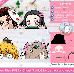 Puede incluir: Archivos SVG en capas para Cricut, Studio3 y cameo. La imagen muestra un archivo digital con cuatro personajes del anime Demon Slayer. Los personajes son Tanjiro Kamado, Nezuko Kamado, Zenitsu Agatsuma e Inosuke Hashibira. La imagen incluye un cuadro de texto con las palabras "Layered Files SVG for Cricut, Studio3 for cameo and vector eps."