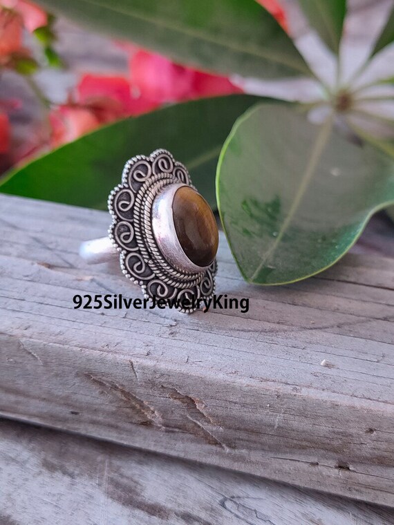 Oval Shaped Silver Ring Initial Ring Dainty Brown Tiger's Eye Gemstone Ring Christmas Ring Statement Ring Promise Ring Boho Ring