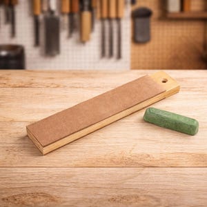 Op de afbeelding: Een houten strop met een bruin leren oppervlak en een groene wetsteen. De strop is rechthoekig met een gat aan één uiteinde. Op een houten oppervlak.