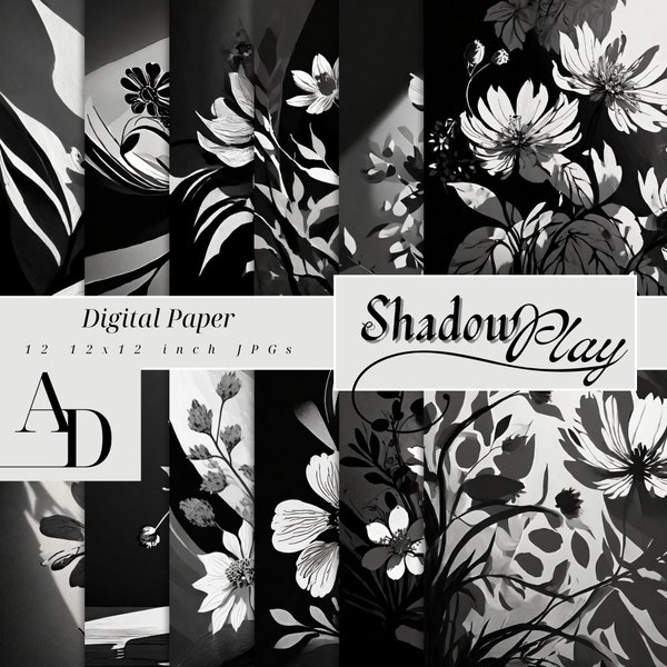 ShadowPlay, digitales Papier, Scrapbook, Junk Journal, Graphic Novel, Comic Panel, Clipart, Blumen, Abstraktion, Schwarz-Weiß