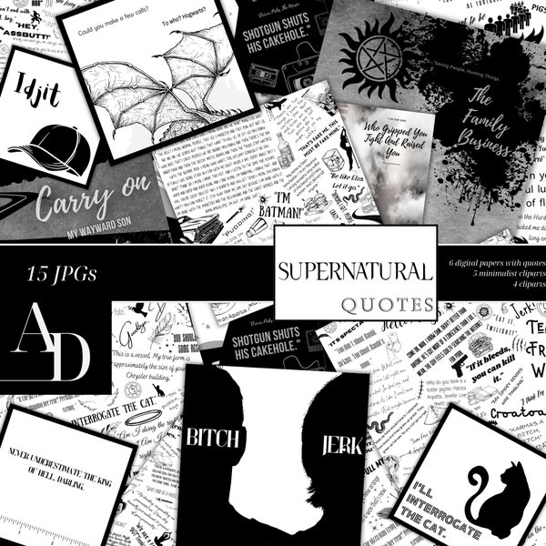 Supernatural Quotes, Digital Paper, Cliparts, Scrapbook, Junk Journal, Zitate, Fandom, Black & White