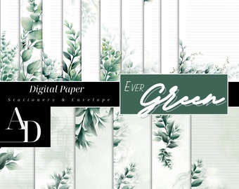 Evergreen, digital paper, motif paper, writing paper & envelope C6 for printing, Green Academia, botany, lined, unlined, Din A4