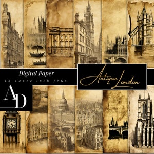 Antiek Londen digitaal papier, afdrukbare antieke vintage stijl sjabloon voor junk journal, plakboek, interieurdecoratie en meer, stad, clipart