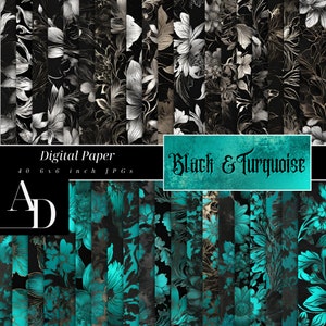 Black and Turquoise, digital paper, metallic, scrapbook, junk journal, scratch pictures, floral pattern, vintage