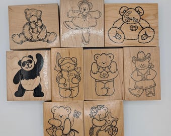 Vintage Wood Mounted Bear Rubber Stamps - Scrapbooking & Paper Crafts