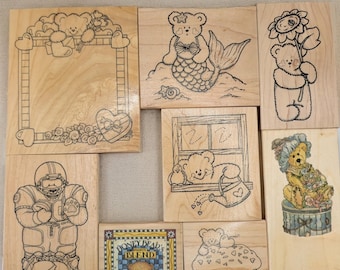 Vintage Wood Mounted Bear Rubber Stamps Scrapbooking Card Making & Paper Crafts