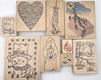 Sellos de goma vintage montados en madera para manualidades de temporada, tarjetas, álbumes de recortes, Halloween, invierno y otoño.