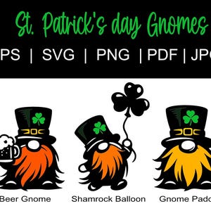 Puede incluir: Gráfico digital con tres gnomos del Día de San Patricio. Uno sostiene una cerveza, otro un globo de trébol y el tercero está solo. Cada gnomo lleva un sombrero de copa negro con un trébol verde. Texto: "St. Patrick's day Gnomes".