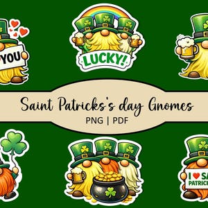 Op de afbeelding: Een verzameling St. Patrick's Day kabouterstickers op een groene achtergrond. De kabouters dragen groene hoeden en houden voorwerpen vast zoals bierpullen, klavers en borden met de tekst "I love you", "Lucky!" en "I love Saint Patrick's Day". De tekst "Saint Patrick's Day Gnomes" is ook aanwezig.