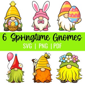 Op de afbeelding: Illustratie van zes lentegnomes in verschillende ontwerpen. Eén gnome houdt een mand met paaseieren vast, een andere draagt ​​konijnenoren en een derde houdt een versierd ei vast. De afbeelding bevat de tekst "6 Springtime Gnomes" en bestandstype-opties.