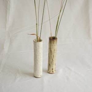 以下が含まれることがあります： 白い斑点のある白いセラミックの花瓶と茶色のセラミックの花瓶の2つ。どちらも円筒形で、ドライグラスが詰められています。