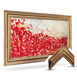 May include: A rectangular framed painting featuring an abstract expressionist scene with vibrant red brushstrokes and drips against a pale cream and light blue background. The artwork is encased in a wide, ornate metallic gold frame with a beveled edge.