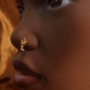 May include: Gold nose ring with a small chain and three clear and red gemstones.