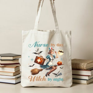 Infirmière le jour, sac fourre-tout en Liberty la sorcière la nuit, sac en toile d'Halloween, sac en coton pour infirmière d'urgence, sac pour infirmière pédiatrique, infirmière autorisée