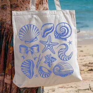 Seashells Tote Bag, Summer Tote Bag, Beach Trip Canvas Bag, Ocean Lover Gift, Beach Lover, canvas tote bag, Sea Life Tote, Reusable Bag