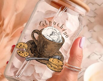 Catpuchino Sipper Glass Cup, Cat Lover Iced Coffee Cup, Cold Brew Glass Tumbler, Cat Iced Coffee Can with Bamboo Lid and Straw, Cat Mom Dad