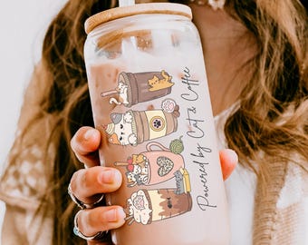 Powered by Cat And Coffee Sipper Glass Cup, Cat Lover Iced Coffee Cup,Cold Brew Glass Tumbler, Cat Iced Coffee Can with Bamboo Lid and Straw