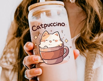 Catpuccino Sipper Glass Cup, Cat Lover Iced Coffee Cup, Cold Brew Glass Tumbler, Cat Iced Coffee Can with Bamboo Lid and Straw, Cat Mom Dad