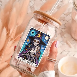 Copo de vidro The Witch Sipper, copo fantasma de Halloween, copo de vidro, caneca de café gelado, copo de café gelado Creep it Real Cold Brew, copo retrô de outono, carta de tarô