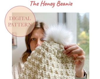 Beginner Crochet Beanie Pattern | Chunky Pom Pom Hat (PDF Pattern)