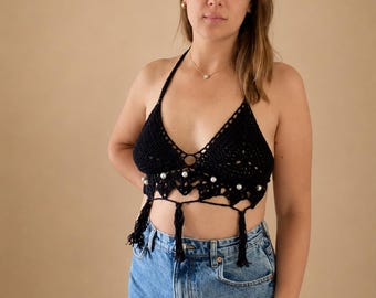 Black Crochet Top | Cotton | Pearls | Handmade Boho Tie Back Top | Small | Medium