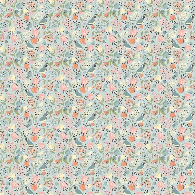 Puede incluir: Un patr&oacute;n sin costuras que presenta un dise&ntilde;o repetitivo de p&aacute;jaros y flores estilizados en tonos de rosa, azul, verde y crema sobre un fondo azul claro.