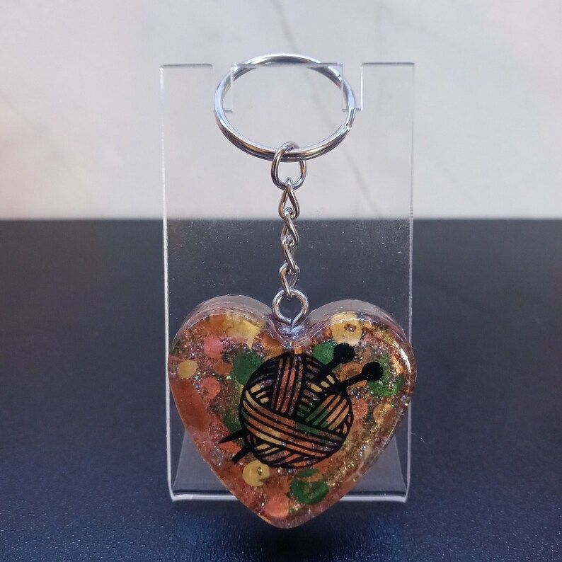 KEYCHAIN Knitting Needles Yarn Ball Heart Shaped Keyring Sewing Resin Paint Splatter Handmade Accessory Ready to Ship Orange Green Gold image 1