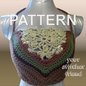 May include: A crocheted halter top with a brown, green, and light green color scheme. The top features a crocheted flower design in the center. The text "PATTERN your stitcher friend" is visible in the lower right corner of the image.