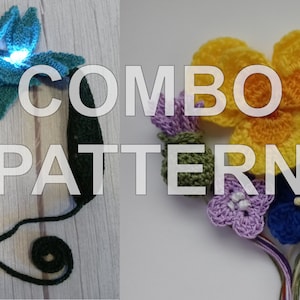 Op de afbeelding: Een haakpatroon voor een hoofdband met lichtblauwe bloemen en een boeket gehaakte bloemen in geel, wit, paars en blauw. Het patroon is getiteld "COMBO PATTERN".