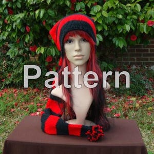 May include: A red and black striped knit hat with a matching striped arm warmer. The hat is slouchy and has a pom pom on top. The arm warmer is long and covers the entire forearm.