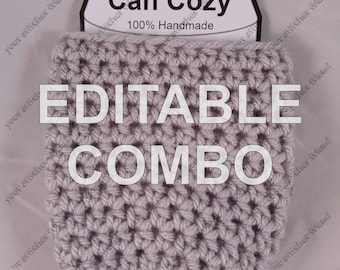 May include: A grey crocheted can cosy with the text "Can Cozy 100% Handmade" and the word "EDITABLE COMBO" in white text.