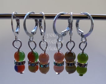 STITCH MARKERS Set of 6 Yarn Skein Stitch Markers | Knitting Crochet Lock Ring Notions Fiber Art Cat Eye Crystal Rhinestones Green Orange