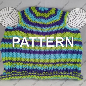 May include: A knitted hat with green, blue, and purple stripes. The hat has two white yarn balls attached to the top, resembling ears. The word "PATTERN" is printed in white letters across the middle of the hat.