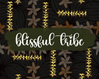 May include: A seamless pattern featuring gold floral designs on a dark background. The text "blissful tribe" is written in white on a green background.