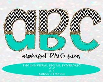 Black Chevron & Teal with Gold Trim Doodle letters, Hand Drawn Doodle Alpha Bundle, Sublimation Font PNG, Doodle Alphabet