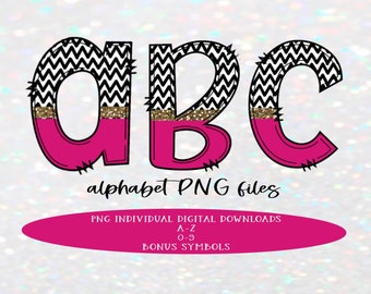 Black Chevron & Hot Pink with Gold Doodle letters, Hand Drawn Doodle Alpha Bundle, Sublimation Font PNG, Doodle Alphabet