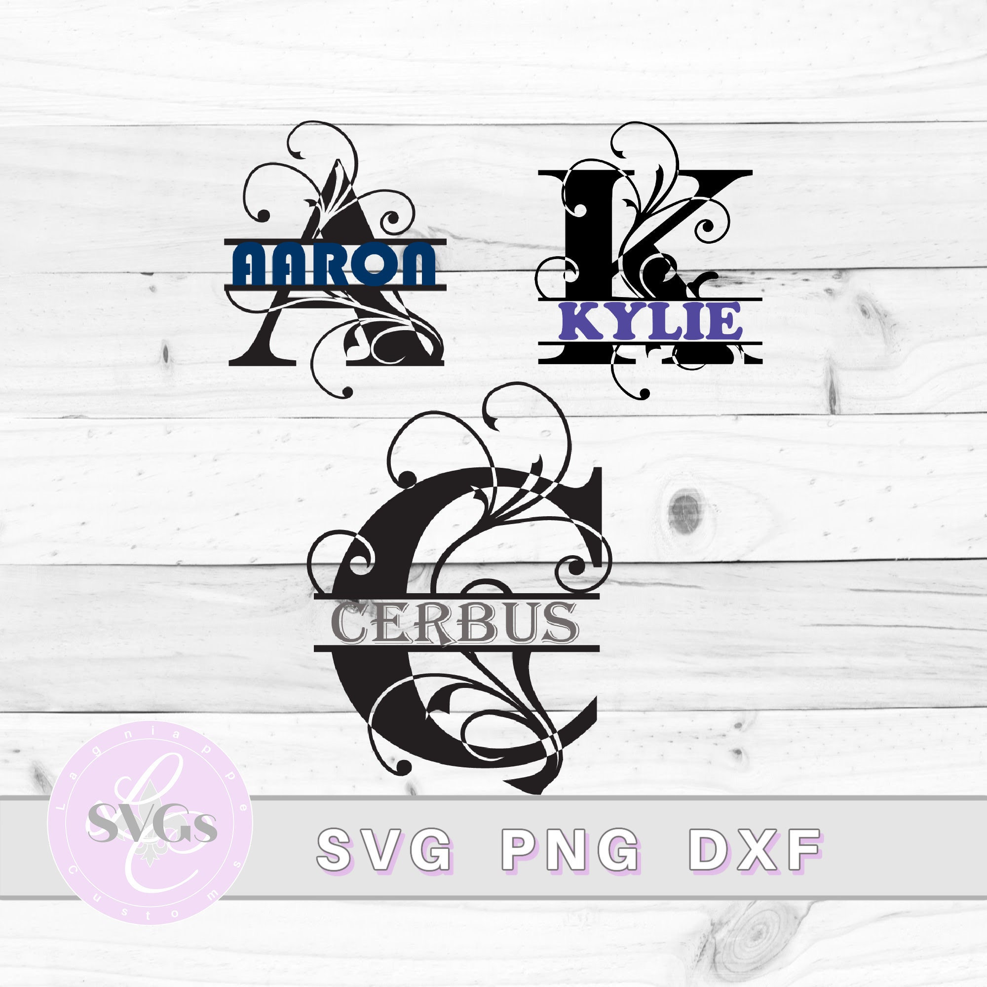 Swirl Split Monogram Alphabet SVG, DXF, PNG, Split Monogram Frame