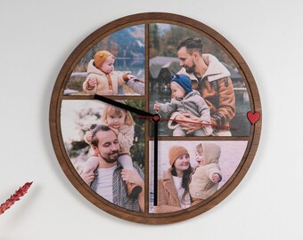 Personalized Wood Photo Clock, large wall clock, Custom wooden clock with four photos, Silent Wall Hanging Timepiece