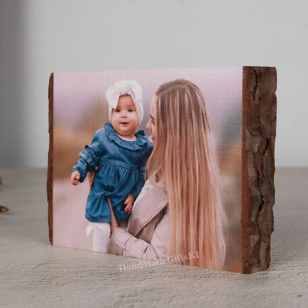 Personalized photo on wood, Mother’s Day Gift, rustic Bark Photo, Photo Printed on Natural Edge Wood, custom photo gift, Mother’s day print