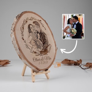 Custom Drawn&burned on Wood with natural Bark Border/wood burning art/Custom portrait gift/Personalized Pyrography/5th Anniversary Gift