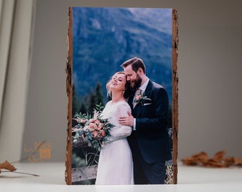 Personalized photo on wood bark edge,custom photo gift Wedding Portrait,custom wood photo,unique Birthday picture on wood mothers day gift