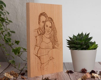 Ritratto personalizzato disegnato e inciso su legno/Immagine bruciata personalizzata su legno/immagine disegnata/disegno da foto/regalo per il 5° anniversario