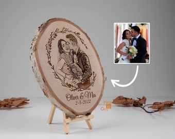 Custom Drawn&burned on Wood with natural Bark Border/wood burning art/Custom portrait gift/Personalized Pyrography/5th Anniversary Gift
