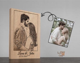 Custom Drawn burned photo on natural wood as Perfect gift/Wood Burned Picture/Gift for Couples/5th Anniversary gift for her/gift for couple