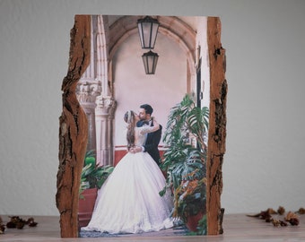 Custom photo on wood bark edge as unique photo gift wood photo print, 5th anniversary gift, custom photo frame, custom wedding gift wall art