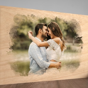 Photo personnalisée à l'aquarelle sur bois, cadeau de 5e anniversaire pour mari, femme, petit ami, petite amie, cadeau personnalisé, cadeau photo unique pour couple