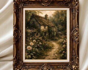 Cottagecore Cottage Print, English Country House & Flower Garden, Vintage Landscape Wall Art, Digital Download