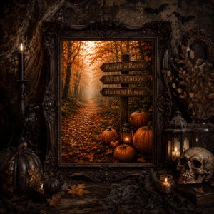 May include: A rectangular ornate black frame containing an image of a forest path with orange autumn leaves, pumpkins, and a wooden signpost reading Pumpkin Patch, Witch's Cottage, and Haunted Forest, surrounded by candles, a skull, and a raven.
