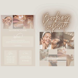 Puede incluir: Diseño de sitio web de clínica estética con un diseño acogedor. El diseño presenta imágenes de personas recibiendo tratamientos, con las palabras "Booking website" en escritura elegante. El sitio web incluye la selección de servicios e información de contacto.